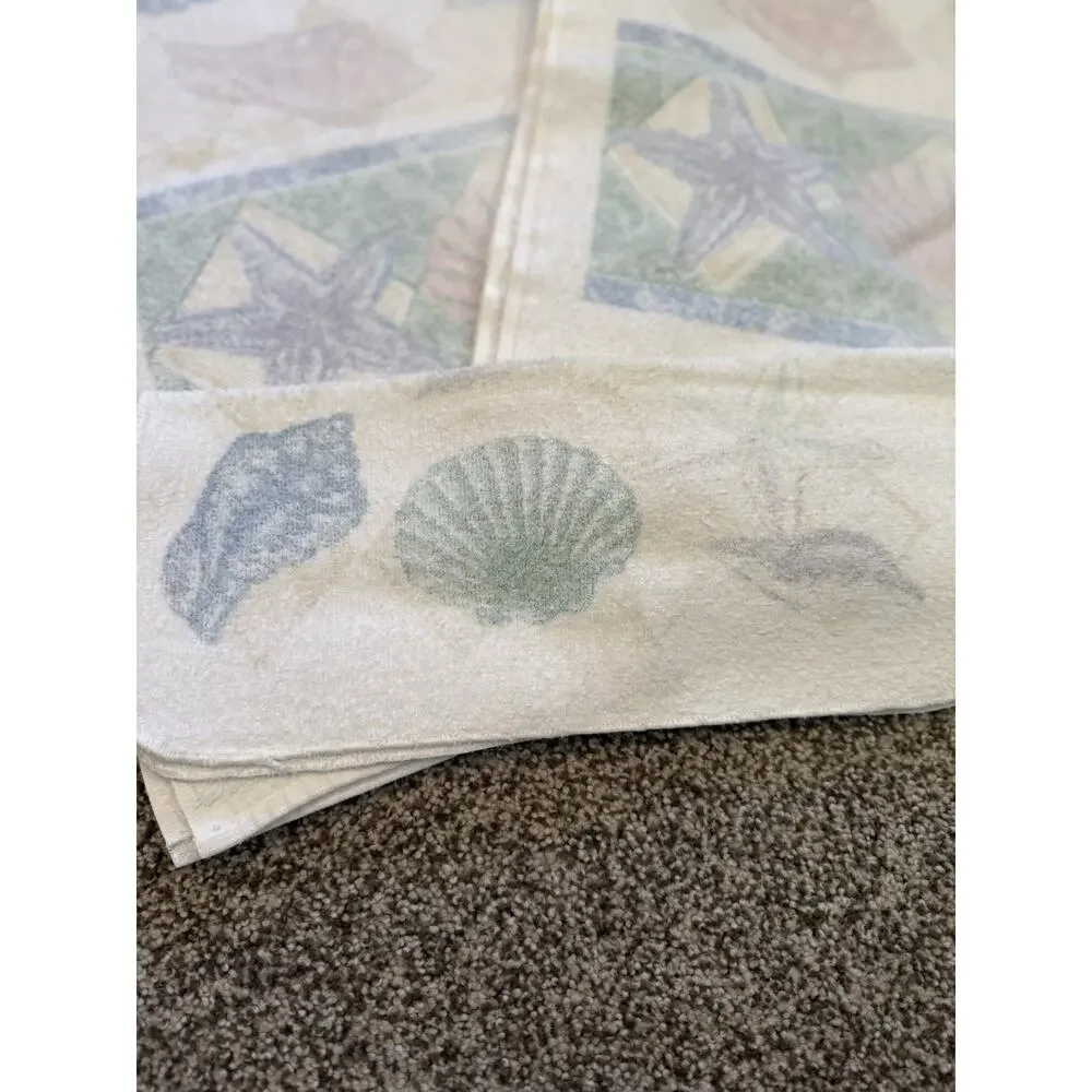 Vintage 90s Seashell Print Bath Towel Set Cotton Peach Blue Cream Mermaid Pastel